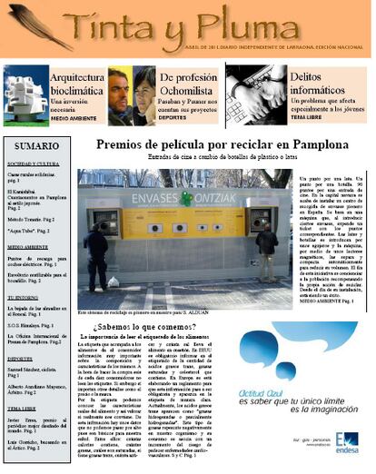 El premio Endesa de Sostenibilidad y Medio Ambiente fue para el periódico 'Tinta y Pluma' del C.E. CARDENAL LARRAONA. Equipo 1A. Iruña, Navarra.