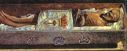 Dibujo que representa el cuerpo de san Isidro, tal y como fue hallado tras la apertura de su sarcófago en 1982.