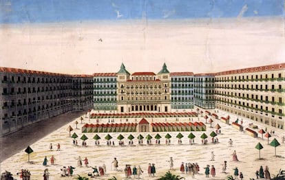 1775 (aproximadamente). Grabado de la Plaza Mayor. La inscripción de abajo dice, en latín y francés: "Plaza Mayor de Madrid, donde se celebra la famosa fiesta de los toros". Se aprecian los puestos de venta. "El mercado estaba perfectamente organizado, con una zona para los carniceros, otra para los lecheros, hueveros, etcétera", detalla Francisco Marín Perellón, historiador de la ciudad. El terrible incendio de 1790, que dañó mucho la plaza, contribuyó a que se impulsara el otro gran mercado de aquel Madrid, el de La Cebada.