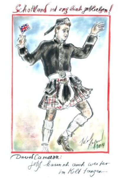 La caricatura de Lagerfeld de David Cameron, vestido con traje escocés.