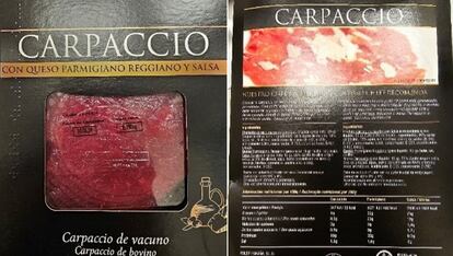 Imágenes difundidas por la Agencia Española de Seguridad Alimentaria y Nutrición (AESAN) con el carpaccio afectado. 