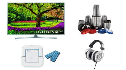 De arriba abajo y de izquierda a derecha: televisor UHD 4K LG, batidora Russell Hobbs, iRobot Braava y Auriculares Beyerdynamic