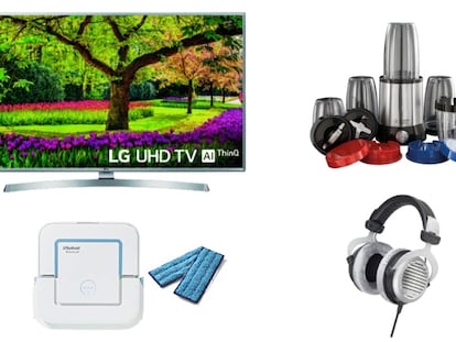 De arriba abajo y de izquierda a derecha: televisor UHD 4K LG, batidora Russell Hobbs, iRobot Braava y Auriculares Beyerdynamic