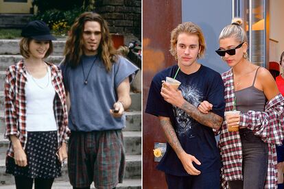 Referentes de una generación. A la izquierda, Bridget Fonda y Matt Dillon en la película Singles (1992), cinta de culto de la escena grunge, con temas de REM, The Cult, Mother Love Bone, Mudhoney o Jimi Hendrix en la banda sonora, y cameo de Chris Cornell (Soundgarden); a la derecha, Justin Bieber y Hailey Baldwin (2018).