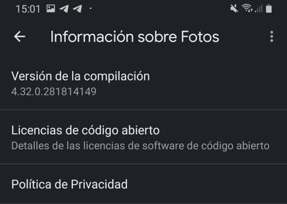 Versión de Google Fotos con el error.