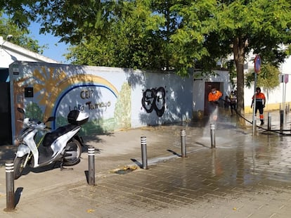 Labores de desinfeccin en los aleda?os de un colegio de Sevilla.