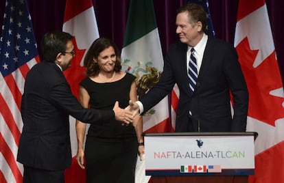 Ildefonso Guajardo, Chrystia Freeland y Robert Lighthizer, este mi&eacute;rcoles en Ottawa.