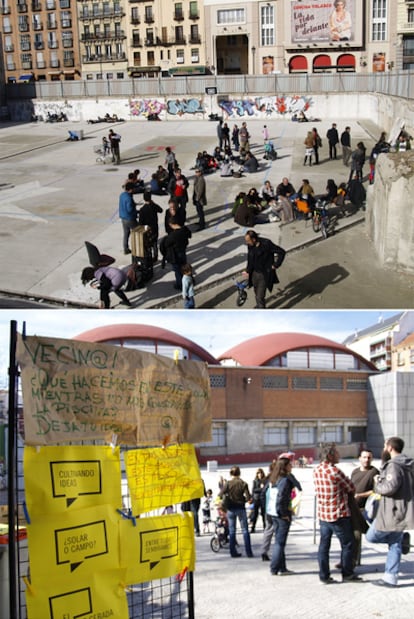 Arriba, aspecto que presentaba ayer a medio día el solar donde estaba la antigua piscina de la Latina. Abajo, detalle de algunas de las peticiones y sugerencias de los vecinos para la zona.