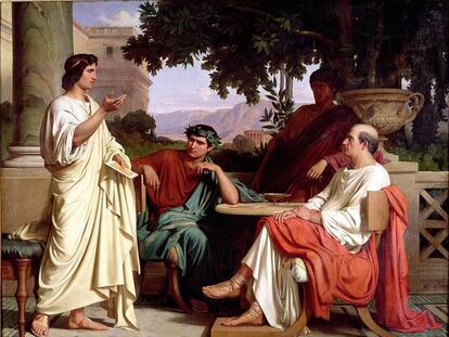 Horaci (dret, esquerra), Virgili i Varius, a casa de Mecenes.