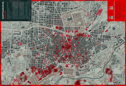 Mapa titulado 'Madrid bombardeada. 1936 a 1939', elaborado por los docentes Luis de Sobrón y Enrique Bordes.