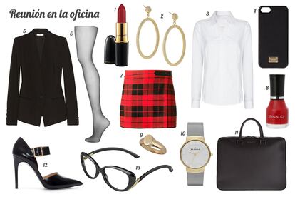 1. M·A·C Barra de labios edición limitada “Divine Night”. 2. Carolina Bucci Pendientes dorados con aros. 3. Mango Camisa de manga larga. 4. Dolce & Gabbana Funda de piel para iPhone 5. 5. Helmut Lang Blazer de paño. 6. Topshop Medias de cristal. 7. Alice + Olivia Mini con print de cuadros. 8. Pinaud Laca de uñas. 9. Topshop Sortija dorada. 10. Skagen Reloj en acero y oro. 11. Givenchy Maletín de piel. 12. Zara Zapato con pulsera en el empeine. 13. Marc by Marc Jacobs Gafas de ver con montura de pasta y detalles dorados.