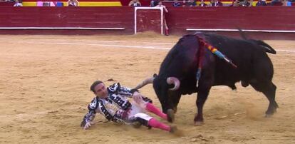 Enrique Ponce, en un momento de la aparatosa cogida que sufrió en Valencia.