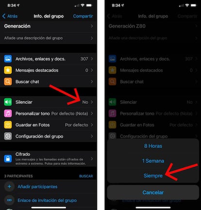 Cómo silenciar para siempre un grupo de WhatsApp.