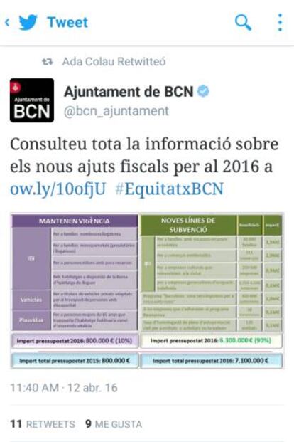 La piulada de l'Ajuntament que ha estat esborrada.