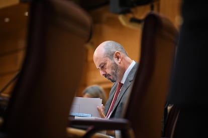 El presidente del Senado, Pedro Rollán, durante una sesión plenaria, en el Senado, el pasado 31 de julio.