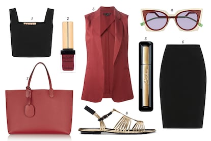 1. Marni Cropped top de tirantes. 2. Yves Saint Laurent Kiss & blush 'Baby Doll'. 3. Theory Chaleco oversize. 4. Fendi Gafas de sol tricolor. 5. Guerlain Mscara de pesta?as 'Cils d'Enfer - So Volume'. 6. Lanvin Falda lpiz. 7. Gucci Tote de piel. 8. Zara Sandalia de tiras de piel metalizada y ante.