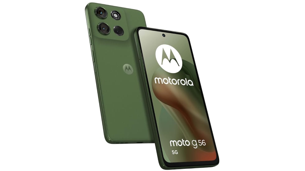 Vista frontal y trasera del móvil de gama baja Motorola G56 5G.