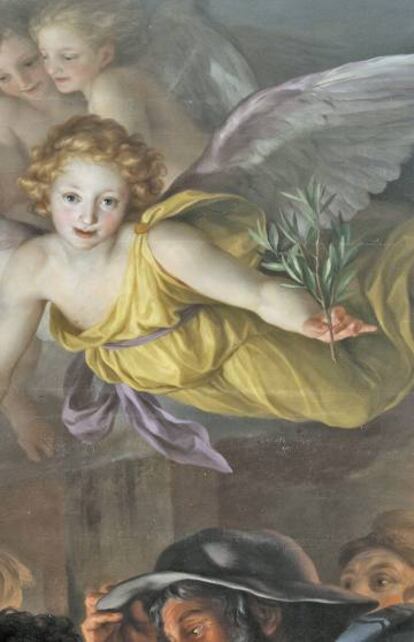 Rama de olivo llevada por un ángel en un detalle de 'La Adoración de los pastores', de Mengs (1770).