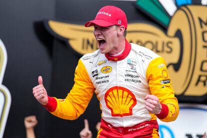 Josef Newgarden celebrates after winning the Indianapolis 500 auto race at Indianapolis Motor Speedway in Indianapolis, on May 28, 2023.