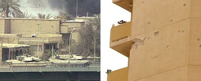 Dos tanques de EE UU, antes de disparar contra el hotel Palestina. A la derecha, el impacto en las terrazas.