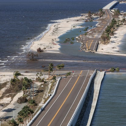 An aerial view of a partially collapsed Sanibel Causeway after Hurricane Ian caused widespread destruction, in Sanibel Island, Florida, U.S., September 29, 2022. REUTERS/Shannon Stapleton