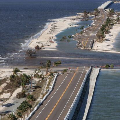 An aerial view of a partially collapsed Sanibel Causeway after Hurricane Ian caused widespread destruction, in Sanibel Island, Florida, U.S., September 29, 2022. REUTERS/Shannon Stapleton