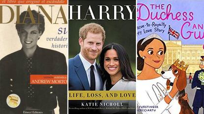 Libros sobre Diana de Gales, el príncipe Enrique y Meghan Markle y su perro.