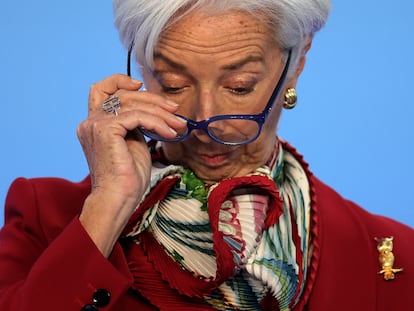 Christine Lagarde, presidenta del Banco Central Europeo (BCE), durante la conferencia de este jueves en Fráncfort (Alemania).