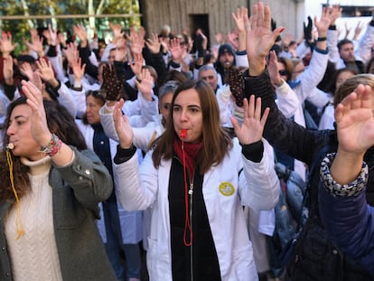 Varios manifestantes exigen la mejora de la Atención Primaria en la sanidad pública, frente a la Asamblea de Madrid, el 1 de diciembre.