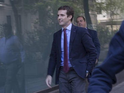 Pablo Casado entraba a principios de mayo en la sede del PP para asistir al Comite ejecutivo Nacional.