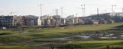 Bosque de grúas en las obras de construcción de la urbanización Costa Esuri, que incluye más de 6.000 viviendas, dos campos de golf, dos hoteles y siete centros comerciales.