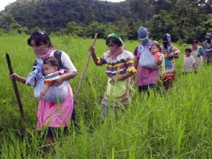Mujeres zapatistas caminan en dirección a un cuartel en la localidad de Amador Hernández para protestar contra la presencia militar.