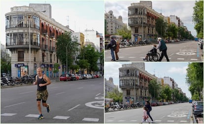 A la izquierda, primer tramo de salida de este sábado en Cuatro Caminos reservado para paseos y deporte entre mayores de 14 años (entre las 8 y las 10 de la mañana). Derecha superior: salidas de mayores de 70 años (de 10 a 12 horas). Derecha inferior: salidas con niños (de 12 a 19 horas).