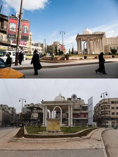 Barrio de Alepo. En la parte superior, foto tomada en 2010; en la inferior, foto tomada en 2017.