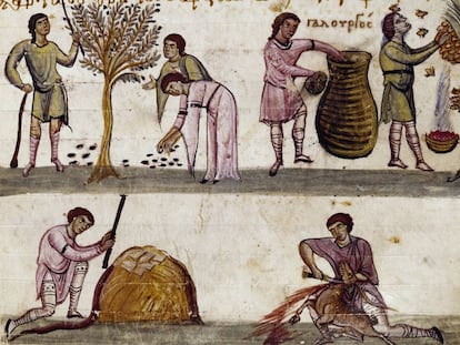 Escenas de cosecha, apicultura y caza, en un manuscrito del siglo XI de un texto de Opiano de Apamea.