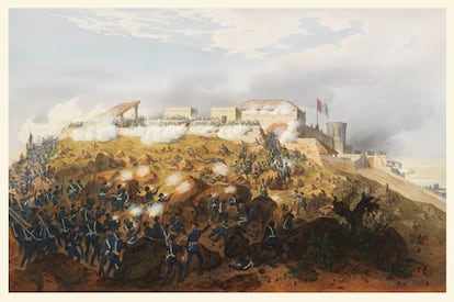 Pintura de tropas estadounidenses disparando desde las rocas de la colina situada bajo el Castillo de Chapultepec, una fortificación a las afueras de Ciudad de México, en 1847.