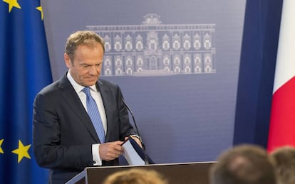 El presidente del Consejo Europeo, Donald Tusk, en una rueda de prensa en Malta este viernes. 