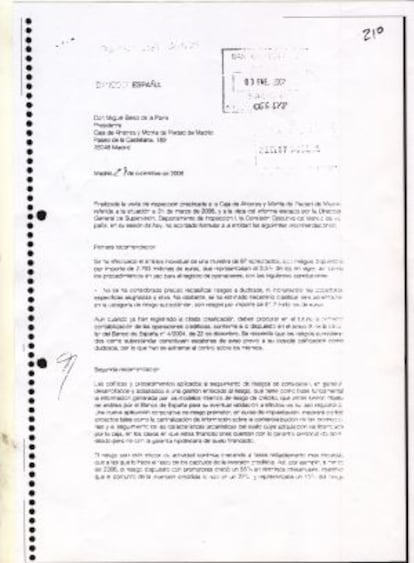 Carta de advertencia del Banco de España a Caja Madrid