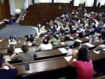 Una de las aulas de la Facultad de Derecho de la Universidad Complutense donde se realizan las pruebas.