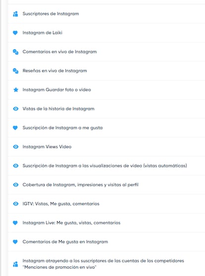 Oferta de servicios para Instagram en una web de manipulación. La traducción del ruso de los conceptos está hecha automáticamente por Bing.