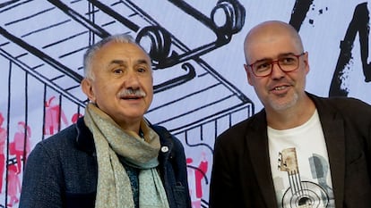 Los secretarios generales de CCOO y UGT, Unai Sordo (d) y Pepe Álvarez, presentan en rueda de prensa su campaña los actos para la celebración del Primero de Mayo, día internacional del trabajo, este jueves en Madrid.