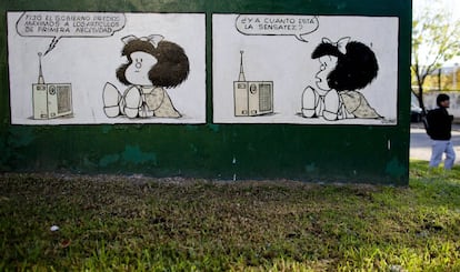 Un fragmento del comic de Mafalda en una plaza de Buenos Aires (Argentina), 23 de abril de 2014.