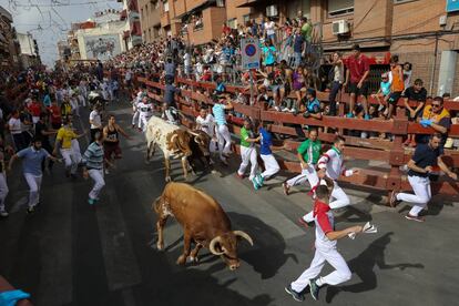 Unos mozos corren delante los toros en el primer encierro de San Sebasti&aacute;n de los Reyes.