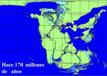 En la imagen, plano facilitado por Repsol durante la presentación de su proyecto petrolífero en Canarias sobre el estado de los continentes hace 170 millones de años, cuando empezaba a abrirse el Atlántico.