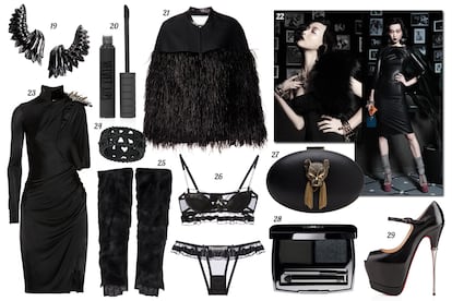 19. Roberto Cavalli Pendientes de alas con detalles de strass. 20. Topshop Lipgloss “Velvet Lips”. 21. By Malene Birger Capa de paño y plumas. 22. Dsquared2. 23. Versace Vestido asimétrico de punto de seda con detalle de pedrería y pinchos. 24. Topshop Anillo con relieves. 25. Todd Lyn Mitones largos de cuero y pelo. 26. Folies by Renaud Conjunto de lencería de gasa, volantes y detalles de strass. 27. Thalé Blanc Clutch ovalado rígido con cabeza de leopardo con flecos de cadenas. 28. Chanel Dúo de eyeliner “La ligne de Chanel”. 29. Christian Louboutin Peep toe con maxi tacón de metal y plataforma y pulsera en el empeine.