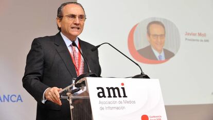 El presidente de AMI, Javier Moll, durante la conferencia anual, este martes en Madrid.