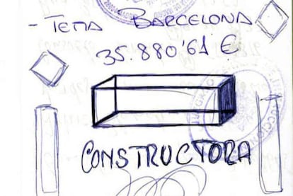 Dibujo que encierra la palabra &ldquo;constructora&rdquo; bajo anotaciones de pagos pendientes y dudas de Orange Market sobre a qui&eacute;n facturar un congreso del PP en Castell&oacute;n.