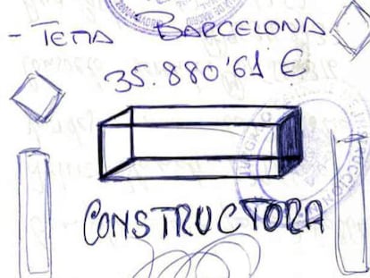 Dibujo que encierra la palabra “constructora” bajo anotaciones de pagos pendientes y dudas de Orange Market sobre a quién facturar un congreso del PP en Castellón.