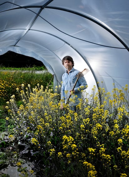 El agricultor Santiago Pérez, en uno de sus invernaderos en Teo (Galicia).