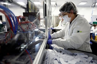 An assembly line to produce Covid-19 self-test kits in France.